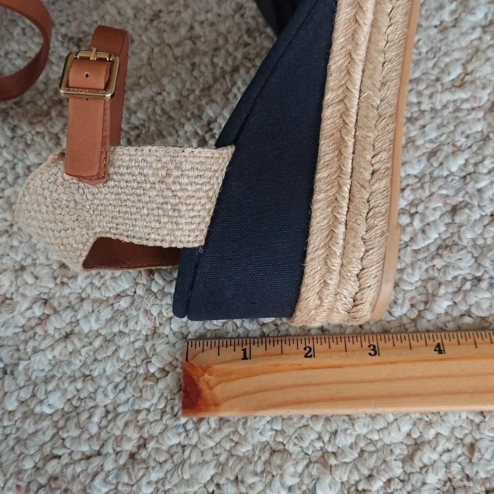 TORY BURCH Knotted Bow Wedge Espadrille Platform Sandal Black/NAVY/ Tan SIZE 6.5